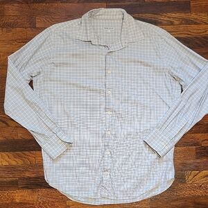 Peter Millar Light Blue Tan Checkered Business Casual Dress Shirt Lightweight LG